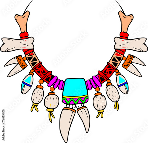 Tribal necklace depicting a hand with bones and teeth. 