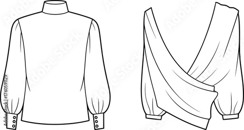 Women blouse flat sketch front and back view, vector fashion cad drawing, draped top design, puff sleeve blouse technical illustration template