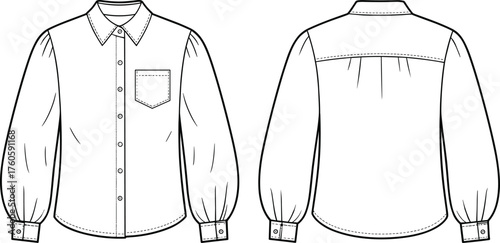 Women button-up blouse flat sketch front and back view, vector fashion cad drawing, puff sleeve shirt design, apparel technical illustration template