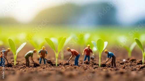 Miniature farmers planting young seedlings in a vibrant field with bright sunlight and clear sky using closeup macro shot