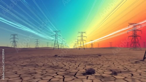 High Voltage Power Lines Towering Over Droughted Land with Colorful Sky