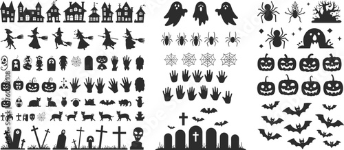 Halloween silhouette set, haunted house ghost witch icons, spooky pumpkin bat graveyard designs, creepy festive artwork, eerie seasonal illustration collection