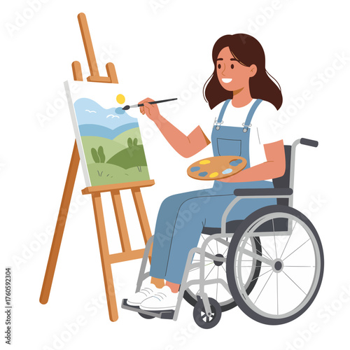 Smiling Woman in Wheelchair Engaged in Painting Hobby
