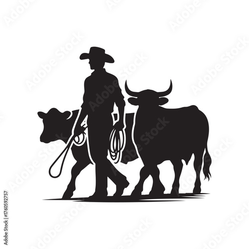 farmers with cattle vector silhouette clip art logo design illustration