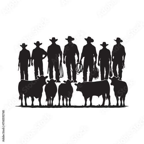 farmers with cattle vector silhouette clip art logo design illustration