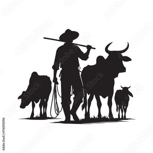 farmers with cattle vector silhouette clip art logo design illustration