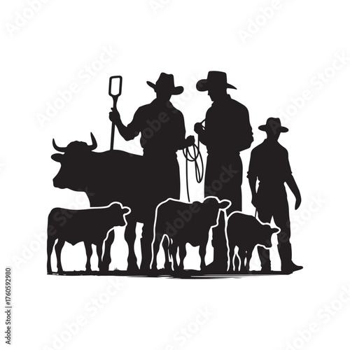 farmers with cattle vector silhouette clip art logo design illustration