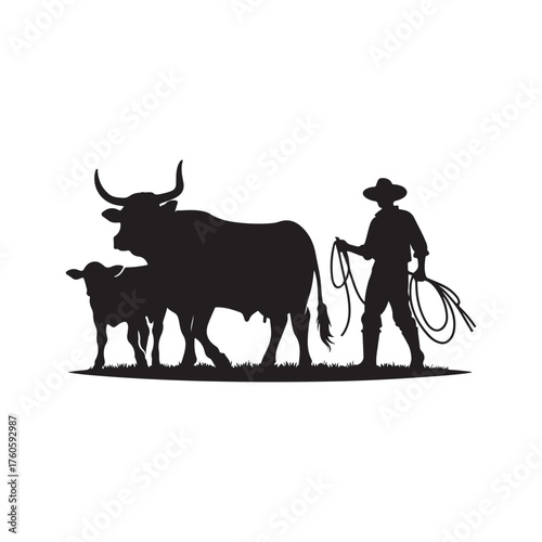 farmers with cattle vector silhouette clip art logo design illustration