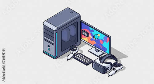 Isometric illustration of a gaming computer with vr headset modern technology for immersive virtual reality experiences and gaming