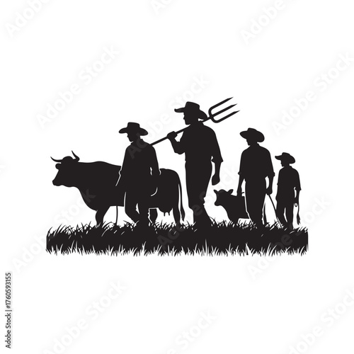farmers with cattle vector silhouette clip art logo design illustration