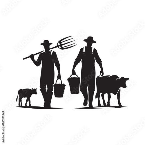 farmers with cattle vector silhouette clip art logo design illustration