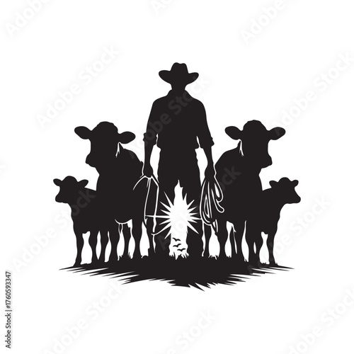 farmers with cattle vector silhouette clip art logo design illustration