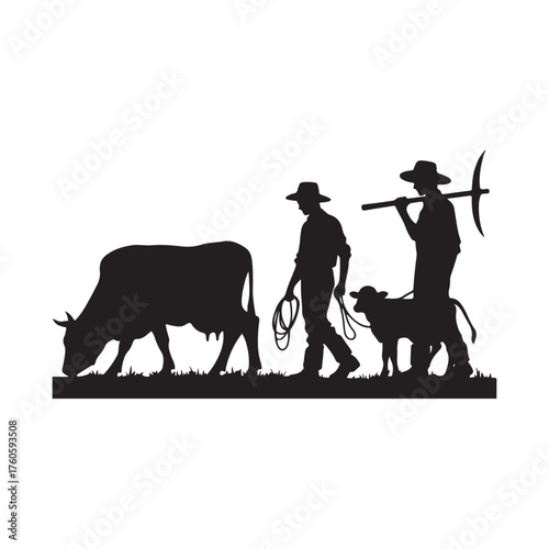 farmers with cattle vector silhouette clip art logo design illustration