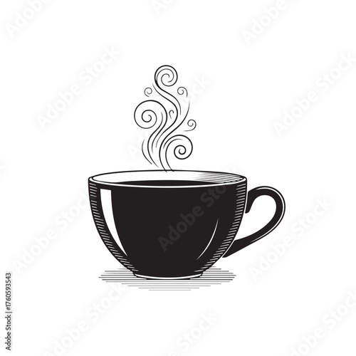 Steaming hot cup of coffee or tea in a classic black and white illustration.