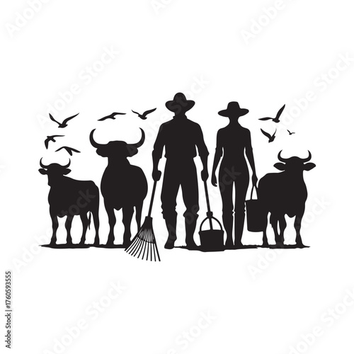 farmers with cattle vector silhouette clip art logo design illustration