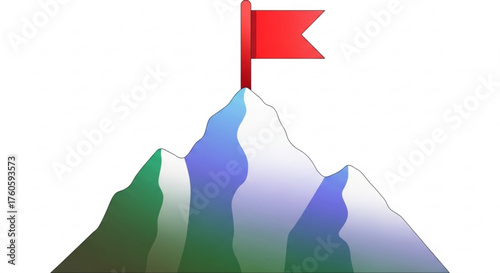 Mountain peak with red flag, symbolizing achievement, success, and overcoming challenges in business and personal endeavors