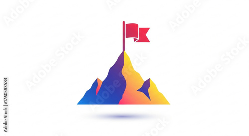 Colorful mountain peak with flag, symbolizing success, achievement, and overcoming challenges in business and personal life