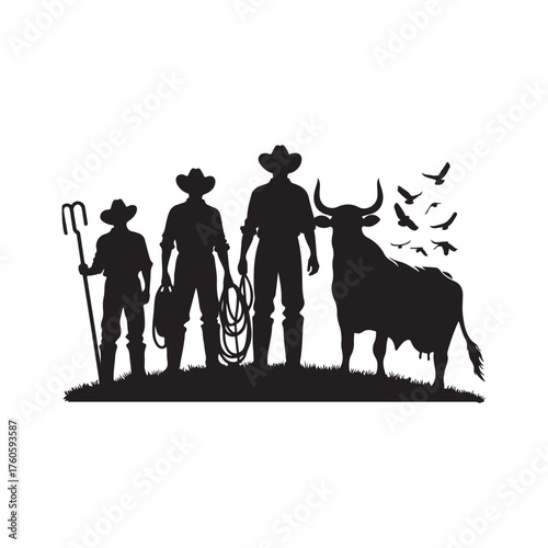 farmers with cattle vector silhouette clip art logo design illustration