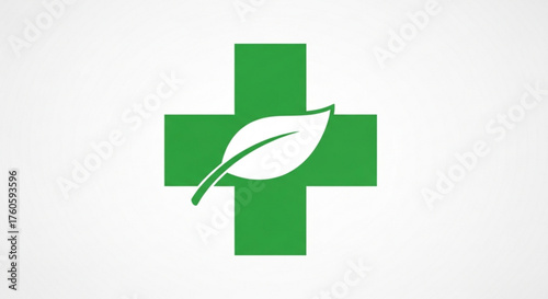 Green cross with leaf, representing healthcare, natural medicine, and environmental sustainability in a simple and clean design