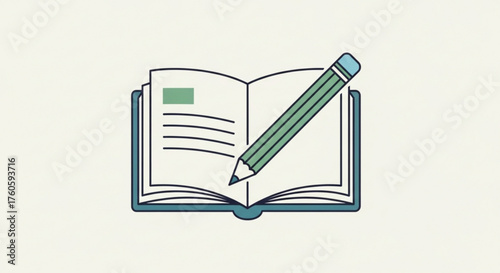 Illustration of an open book with a pencil on it, representing writing, education, learning, or creative process