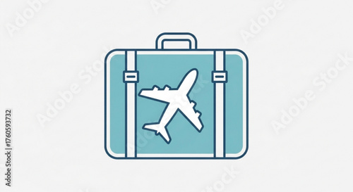 Illustration of a blue suitcase with an airplane on it, representing travel, vacation, or business trip planning and preparation