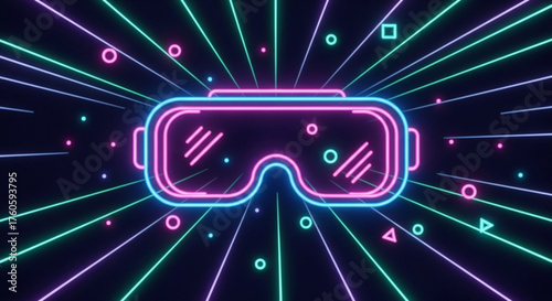Neon virtual reality glasses with geometric shapes and light rays, futuristic technology for gaming and entertainment, immersive digital experience concept