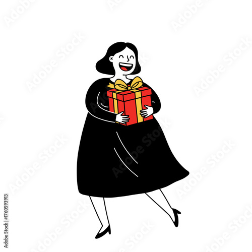 Happy plus-sized woman holding a gift box with excitement 