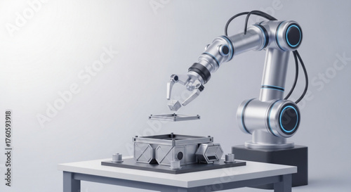 A robotic arm precisely assembling a component on a workbench, showcasing automation and precision in a modern industrial setting