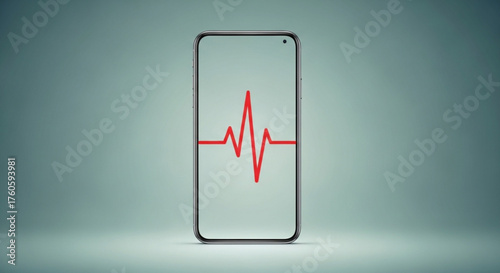 Smartphone displaying a red heartbeat line on the screen, symbolizing health monitoring, medical technology, or emergency alert on a mobile device