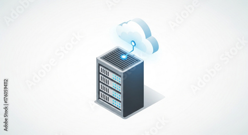 Isometric server rack with cloud, representing cloud computing, data storage, and network infrastructure