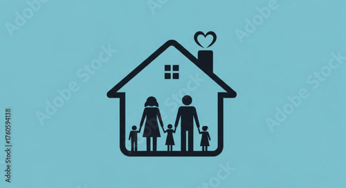 Happy family in a house with heart on the roof, representing love, security, and togetherness in a safe and comfortable home