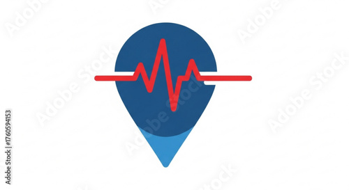 A blue map pointer with a red heartbeat line running through it, symbolizing locationbased health services and emergency response