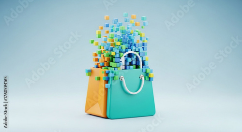 A vibrant shopping bag overflowing with colorful cubes, representing the excitement and abundance of online shopping and the digital marketplace