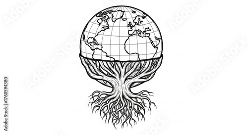 Illustration of a globe supported by tree roots, symbolizing environmental awareness and the interconnectedness of nature