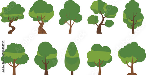 Cartoon tree illustrations, playful stylized forest designs, colorful botanical artwork, whimsical nature graphics, decorative tree collection, educational landscape set