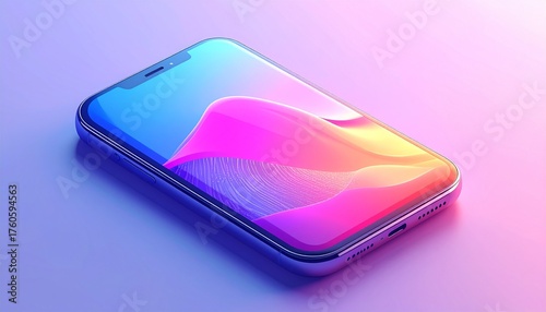 Smartphone with colorful gradient screen on purple background