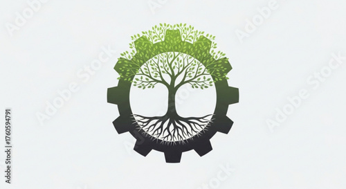 Green technology logo featuring a tree inside a gear, symbolizing sustainable industry and environmental responsibility