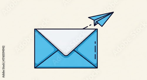 A blue envelope with a paper airplane flying out of it, symbolizing sending messages, communication, or starting a journey