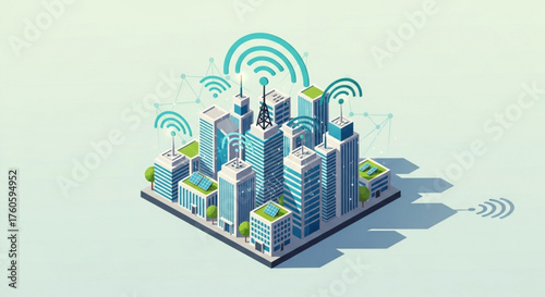 Isometric city with wireless network, modern buildings, and green spaces, showcasing connectivity and technology