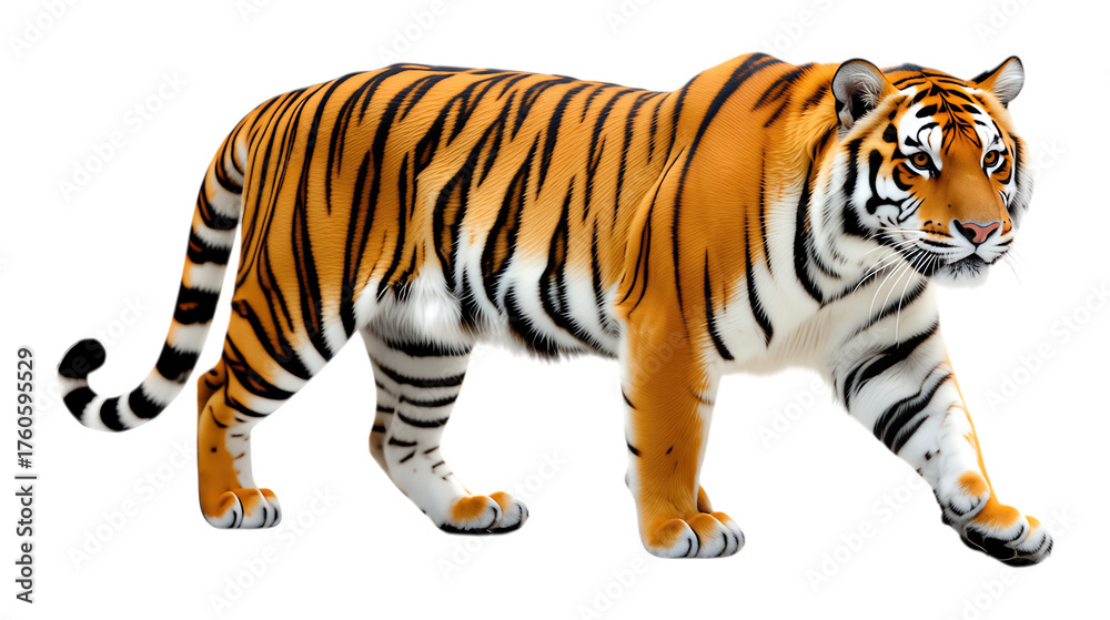 Naklejka premium Orange Tiger Walking on Transparent Background, 3D Realism Graphic for Web Design