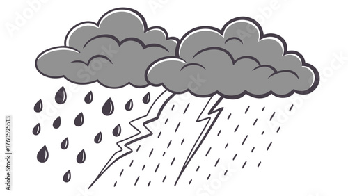 Cartoon Illustration of Stormy Weather with Rain Lightning and Clouds