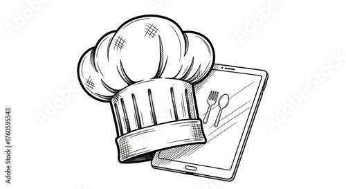 Chefs hat and tablet with cutlery concept of food industry online ordering and restaurant management system
