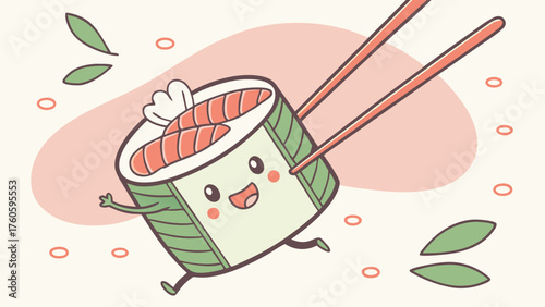Cheerful Animated Sushi Roll with Chopsticks and Playful Expression