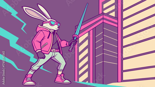 Cyberpunk Rabbit Warrior with Teal Sword and Pink Hoodie in Retro Cityscape