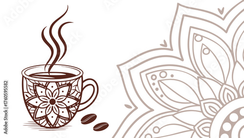 Detailed Coffee Cup with Floral Design and Coffee Beans Steam Rising