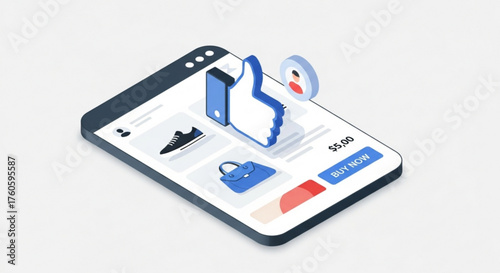 Isometric smartphone displaying online shopping interface with a like button, symbolizing social media endorsement and purchase