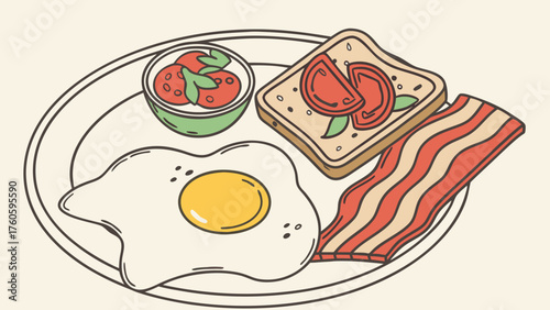 Delightful Breakfast Plate Fried Egg Bacon Toast and Tomatoes
