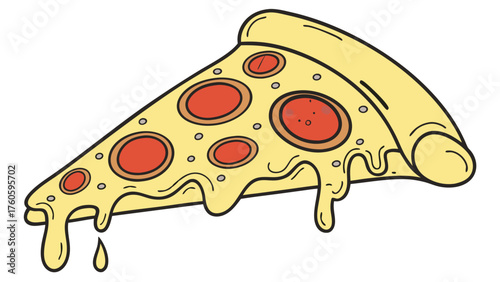 Melted Cheese Pizza Slice with Pepperoni Cartoon Illustration