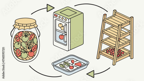 Isometric Food Preservation Cycle Jar Fridge Tray and Wooden Shelf