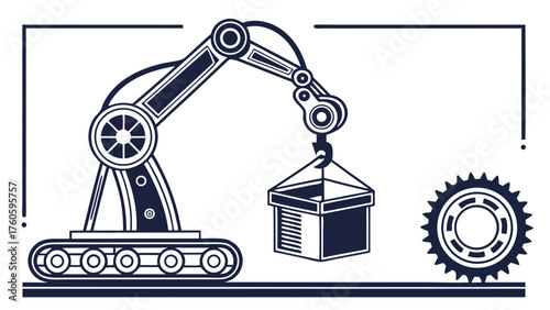 Stylized Industrial Robot Arm Lifting a Box with Gear Wheel Illustration
